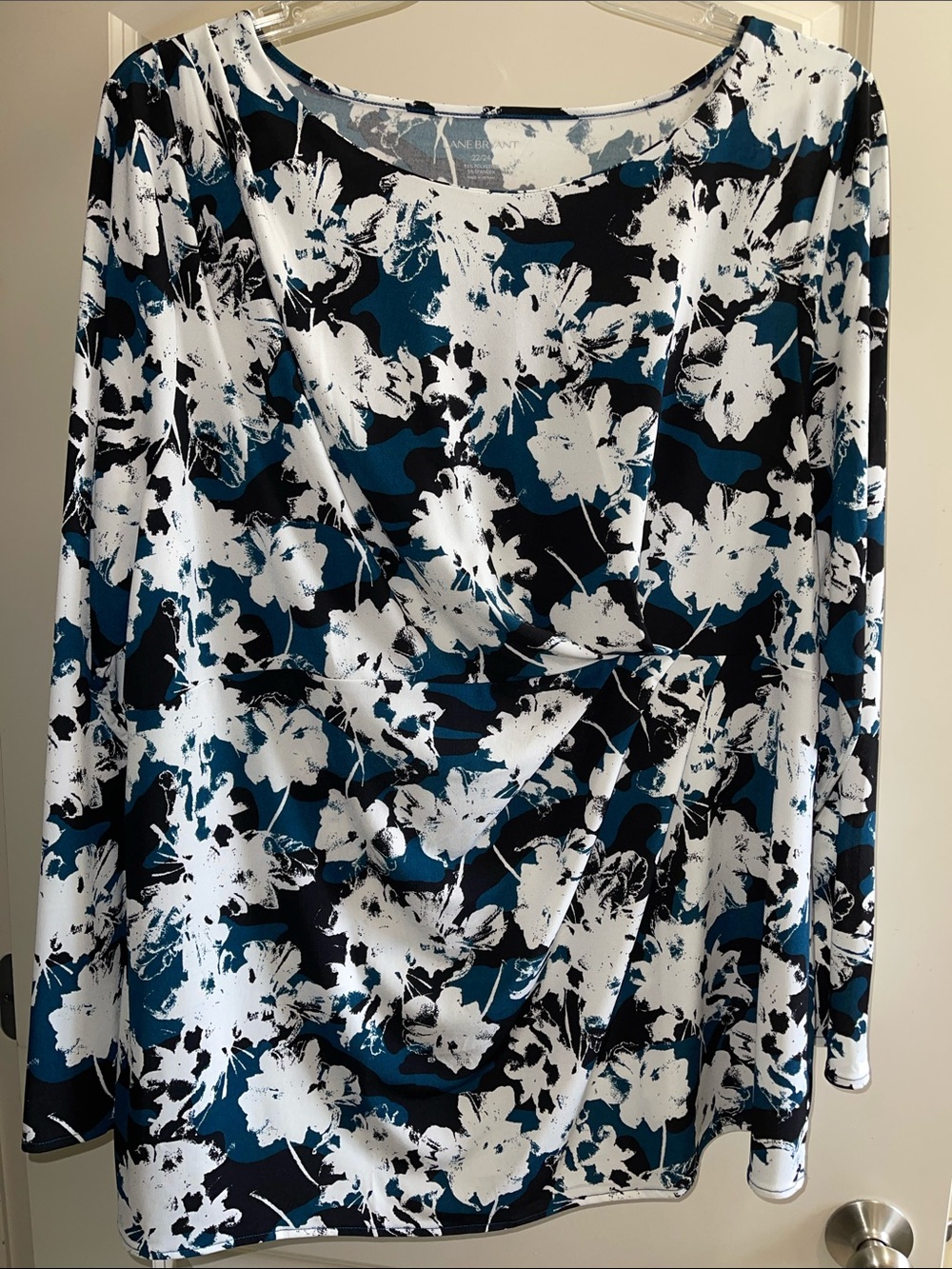 Floral Drape Waist Long Sleeve Top - Black, White & Teal